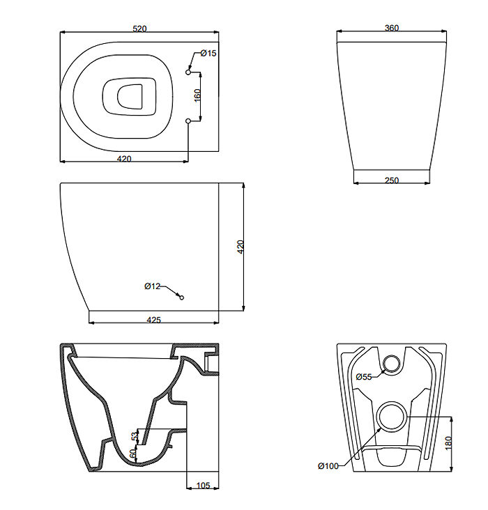 Pavilion Round Rimless Back to Wall Toilet Pan with Soft-Close Seat, Brushed Brass Hinges