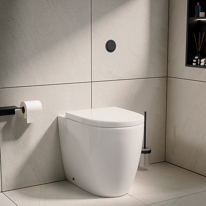 Pavilion Round Rimless Back to Wall Toilet Pan with Soft-Close Seat, Matt Black Hinges