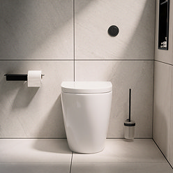 Pavilion Round Rimless Back to Wall Toilet Pan with Soft-Close Seat, Matt Black Hinges