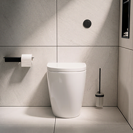 Pavilion Round Rimless Back to Wall Toilet Pan with Soft-Close Seat, Matt Black Hinges