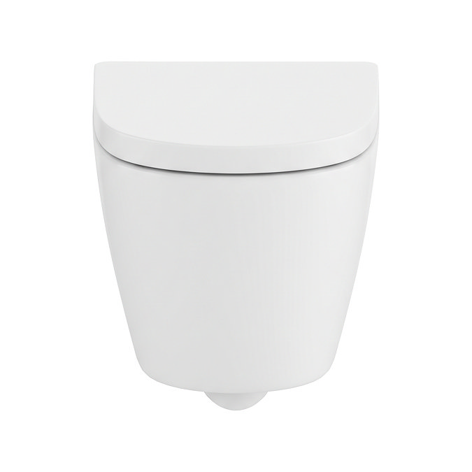 Pavilion Round Rimless Wall Hung Toilet with Soft-Close Seat, Brushed Brass Hinges