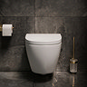 Pavilion Round Rimless Wall Hung Toilet with Soft-Close Seat, Brushed Brass Hinges Lifestyle Front