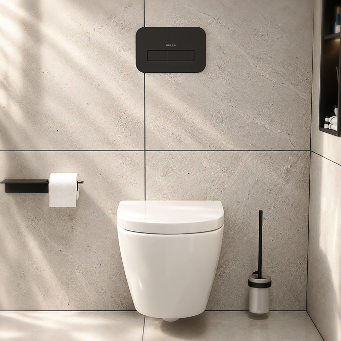 Pavilion Round Rimless Wall Hung Toilet with Soft-Close Seat, Matt Black Hinges - PVWHWC-MB
