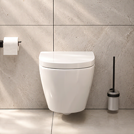 Pavilion Round Rimless Wall Hung Toilet with Soft-Close Seat, Matt Black Hinges