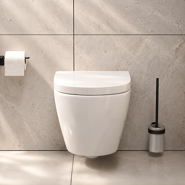 Pavilion Round Rimless Wall Hung Toilet with Soft-Close Seat, Matt Black Hinges - PVWHWC-MB