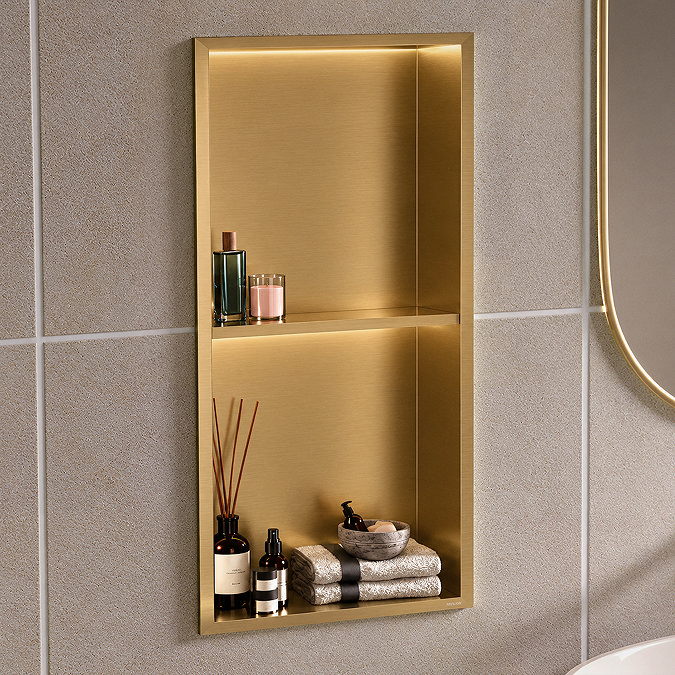 Pavilion Stainless Steel Illuminated Double Shower Niche with Shelf – 610 x 305mm, Brushed Brass
