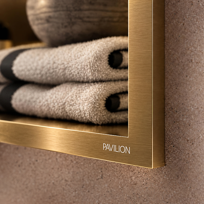 Pavilion Stainless Steel Illuminated Double Shower Niche with Shelf – 610 x 305mm, Brushed Brass