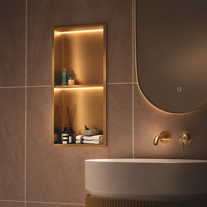 Pavilion Stainless Steel Illuminated Double Shower Niche with Shelf – 610 x 305mm, Brushed Brass