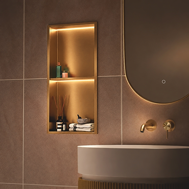 Pavilion Stainless Steel Illuminated Double Shower Niche with Shelf – 610 x 305mm, Brushed Brass