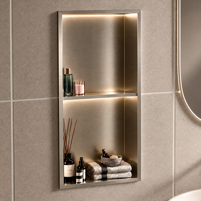 Pavilion Stainless Steel Illuminated Double Shower Niche with Shelf – 610 x 305mm, Brushed