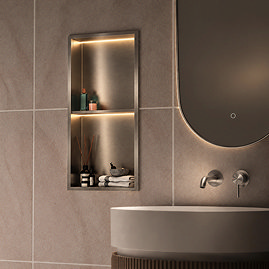 Pavilion Stainless Steel Illuminated Double Shower Niche with Shelf – 610 x 305mm, Brushed