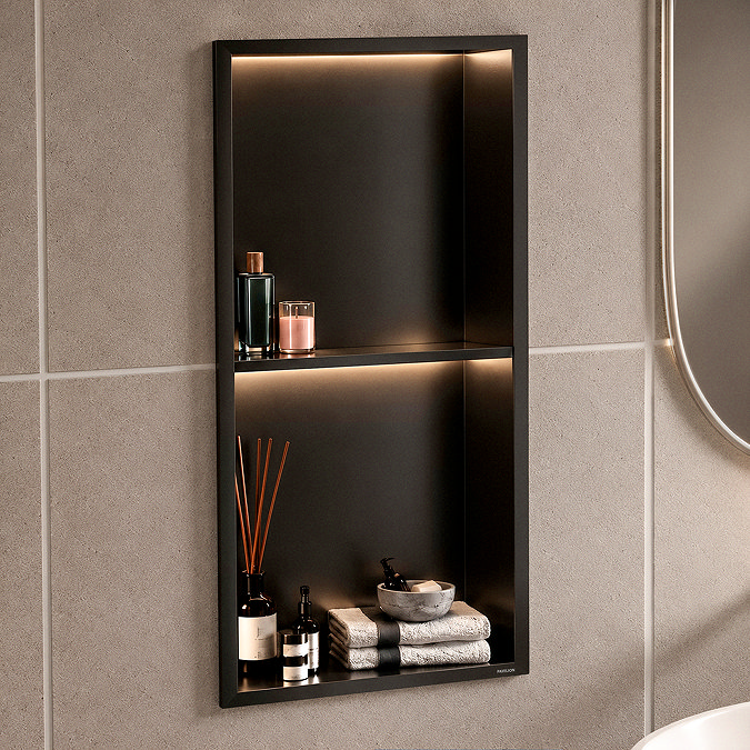 Pavilion Stainless Steel Illuminated Double Shower Niche with Shelf 610 x 305mm Matt Black Lifestyle