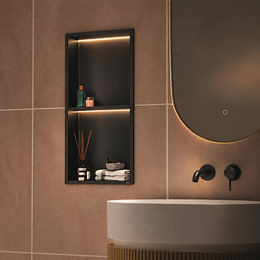 Pavilion Stainless Steel Illuminated Double Shower Niche with Shelf 610 x 305mm Matt Black Lifestyle Close Up