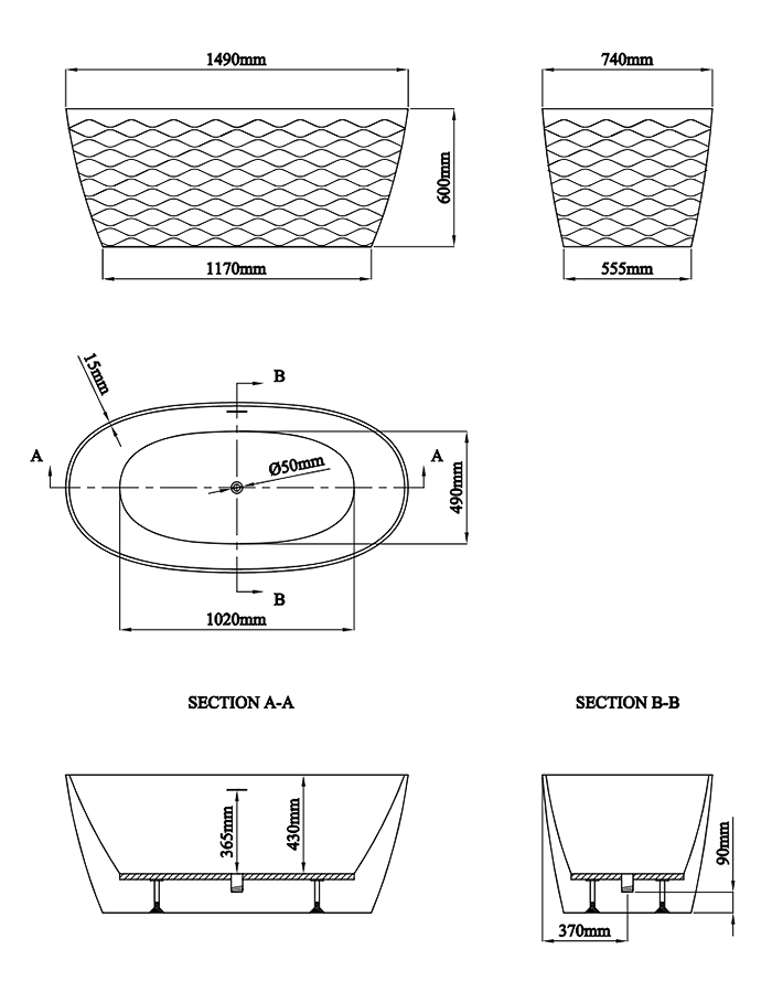 Pavilion Textured Freestanding Bath - 1490 x 740mm, Matt White