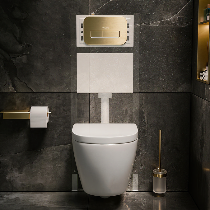 Pavilion Toilet Cistern Frame with Brushed Brass Round Dual Flush Plate