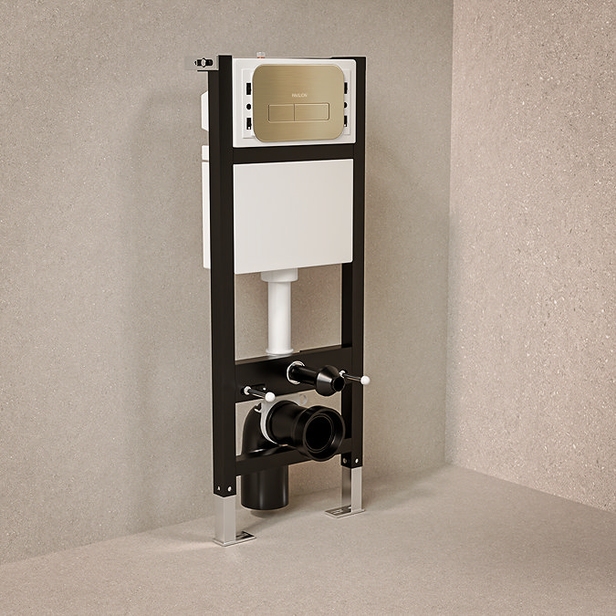 Pavilion Toilet Cistern Frame with Brushed Brass Round Dual Flush Plate