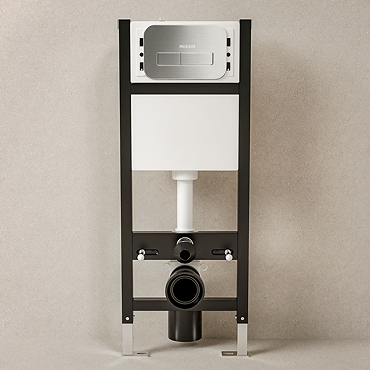 Pavilion Toilet Cistern Frame with Brushed Steel Round Dual Flush Plate