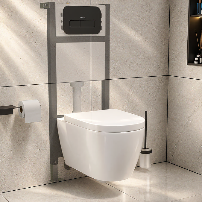 Pavilion Toilet Cistern Frame with Matt Black Round Dual Flush Plate