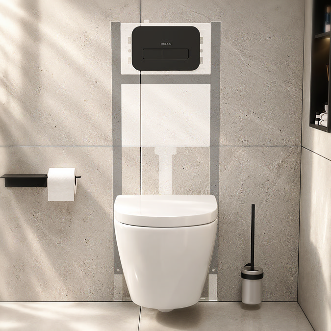 Pavilion Toilet Cistern Frame with Matt Black Round Dual Flush Plate