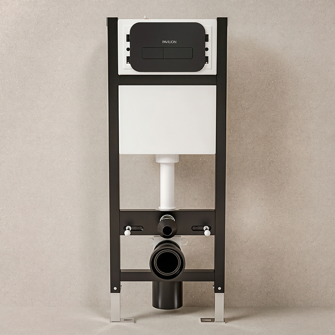 Pavilion Toilet Cistern Frame with Matt Black Round Dual Flush Plate_Lifestyle_Front