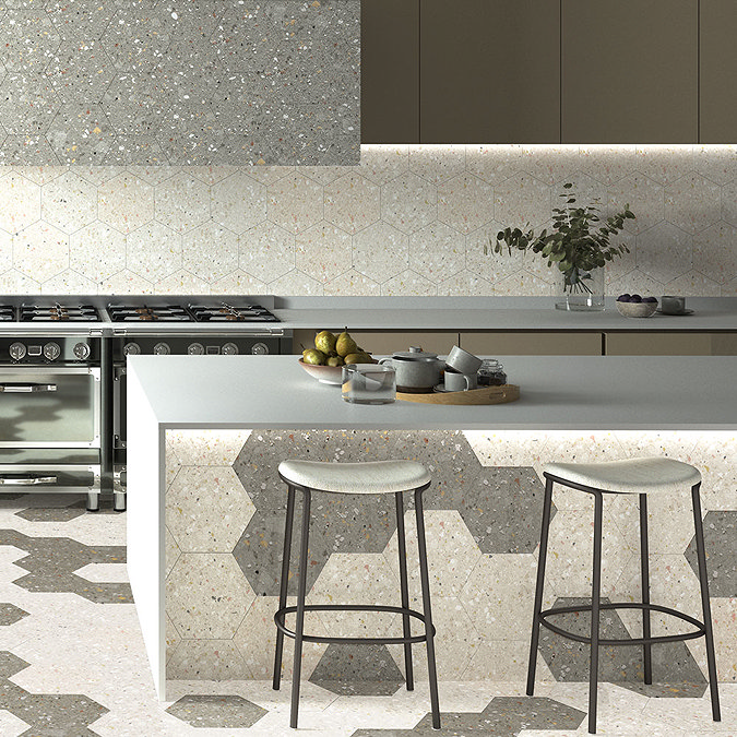 Pella Grey Terrazzo Effect Hexagon Wall & Floor Tiles - 258 x 290mm  Feature Large Image