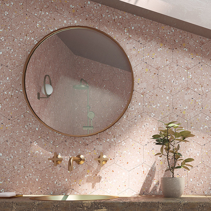 Pella Pink Terrazzo Effect Hexagon Wall & Floor Tiles - 258 x 290mm Large Image