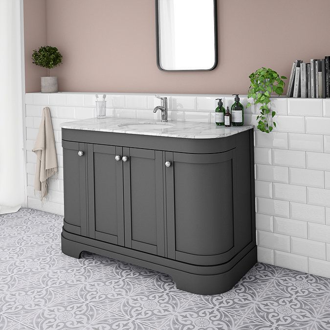 Period Bathroom Co. 1220mm Curved Vanity Unit with White Marble Basin Top - Dark Grey  Profile Large