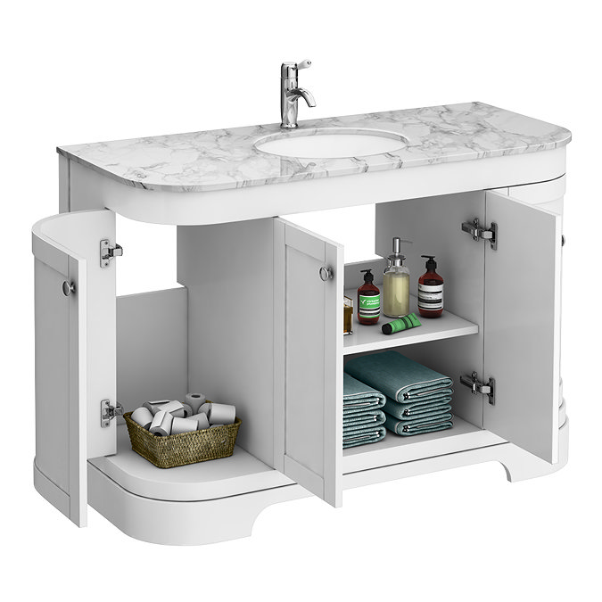 Period Bathroom Co. 1220mm Curved Vanity Unit with White Marble Basin Top - White  Feature Large Ima
