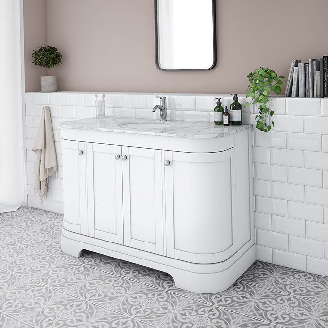 Period Bathroom Co. 1220mm Curved Vanity Unit with White Marble Basin Top - White Large Image