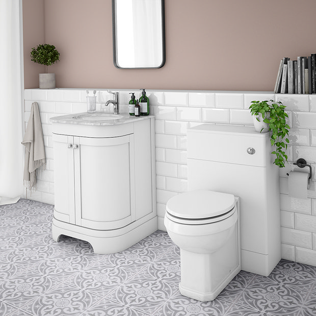 Period Bathroom Co. 620mm Curved Vanity Unit with White Marble Basin Top -  White | Victorian Plumbing UK
