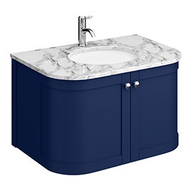 Period Bathroom Co. 820mm Curved Wall Hung Vanity with White Marble Basin Top - Cobalt Blue Medium I