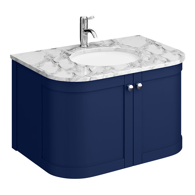 Period Bathroom Co. 820mm Curved Wall Hung Vanity with White Marble Basin Top - Cobalt Blue Large Im