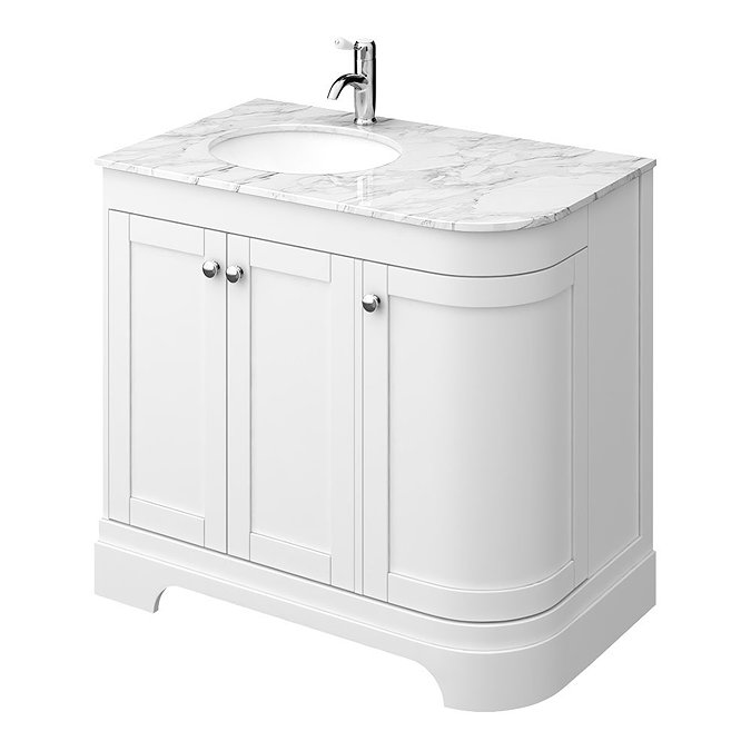 Period Bathroom Co. 900mm LH Offset Vanity Unit with White Marble Basin Top - White Large Image