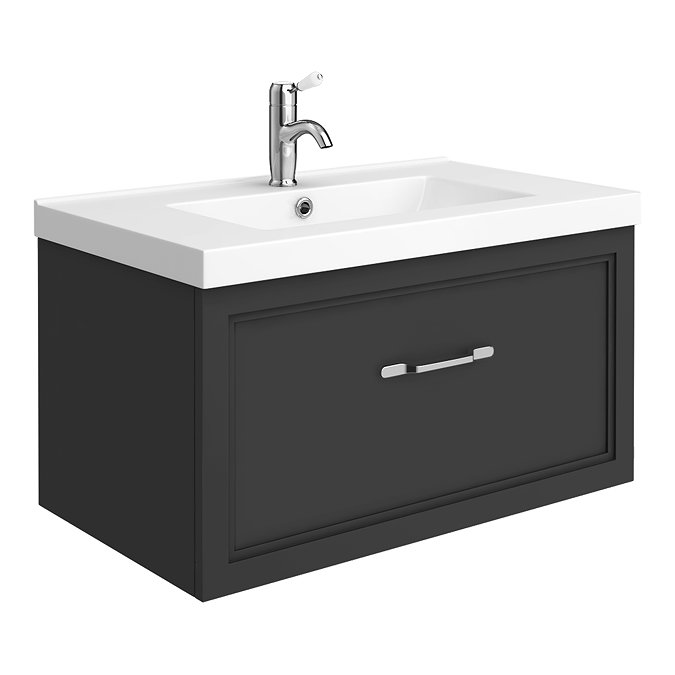 Period Bathroom Co. Wall Hung Vanity - Matt Black - 800mm 1 Drawer with Chrome Handle Large Image