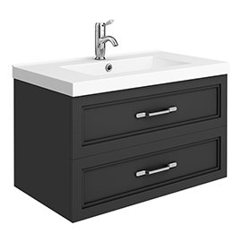 Period Bathroom Co. Wall Hung Vanity - Matt Black - 800mm 2 Drawer with Chrome Handles Medium Image