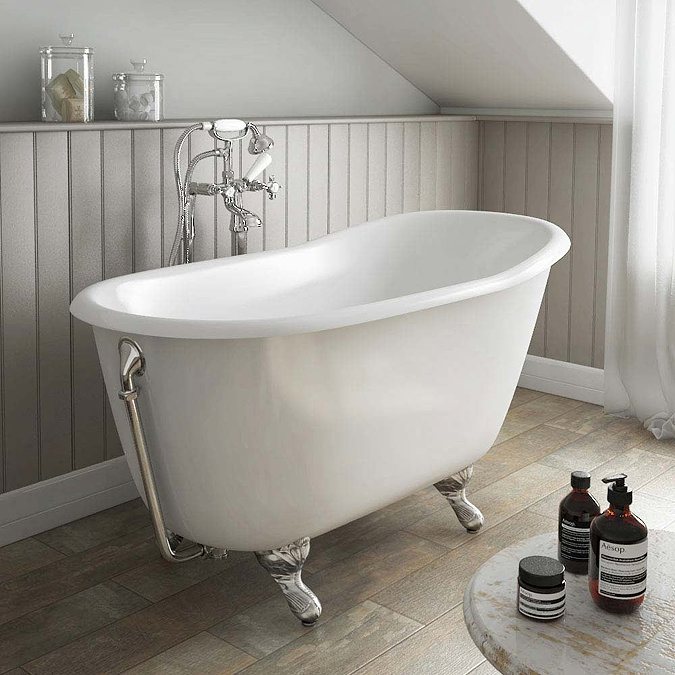 Petite 1350 x 700mm Slipper Roll Top Cast Iron Bath 0TH with Chrome Feet Large Image