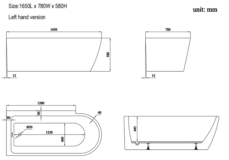 Potenza 1650 x 780 Curved Freestanding Corner Bath with Brushed Brass Screen and Waste