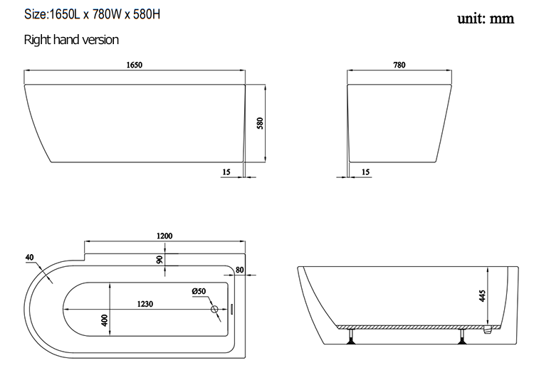 Potenza 1650 x 780 Curved Freestanding Corner Bath with Brushed Brass Screen and Waste