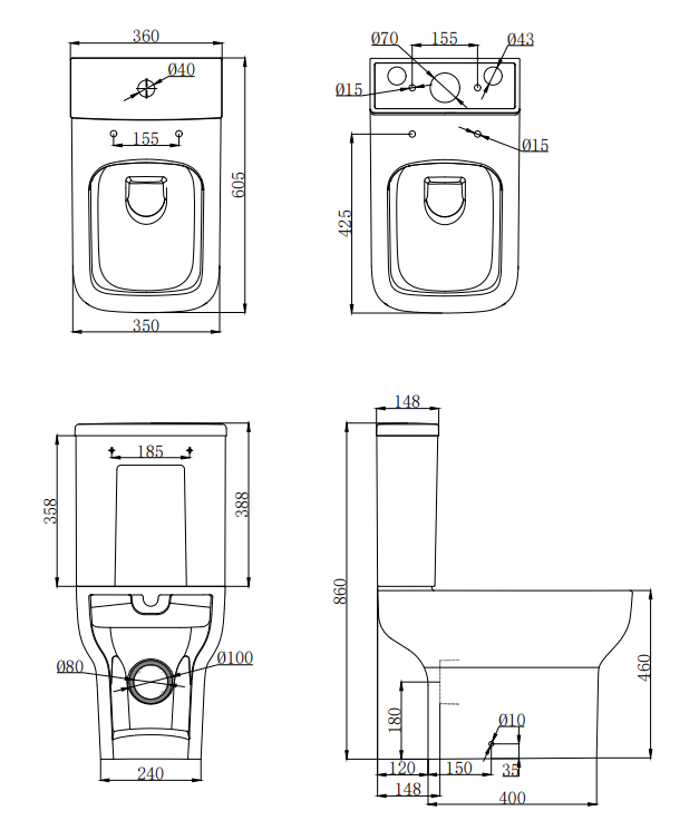 Potenza 600mm Comfort Height Short Projection Rimless Close Coupled Toilet – Soft Close Seat, Gloss White