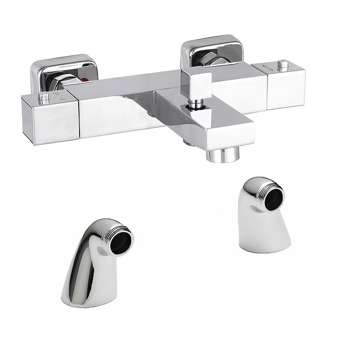 Nuie Deck Mounted Square Thermostatic Bath/Shower Mixer Valve - Bottom Outlet - Chrome Large Image