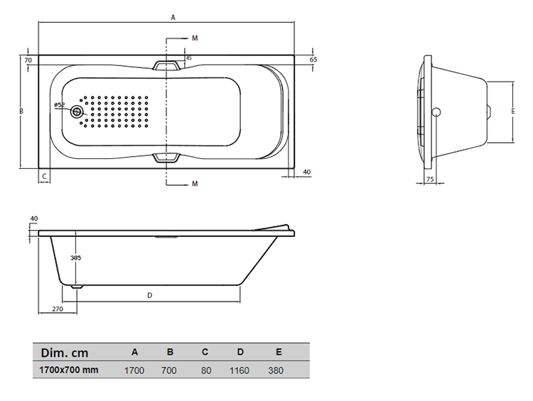 Danbury Single Ended Bath with Grips 1700 x 700mm