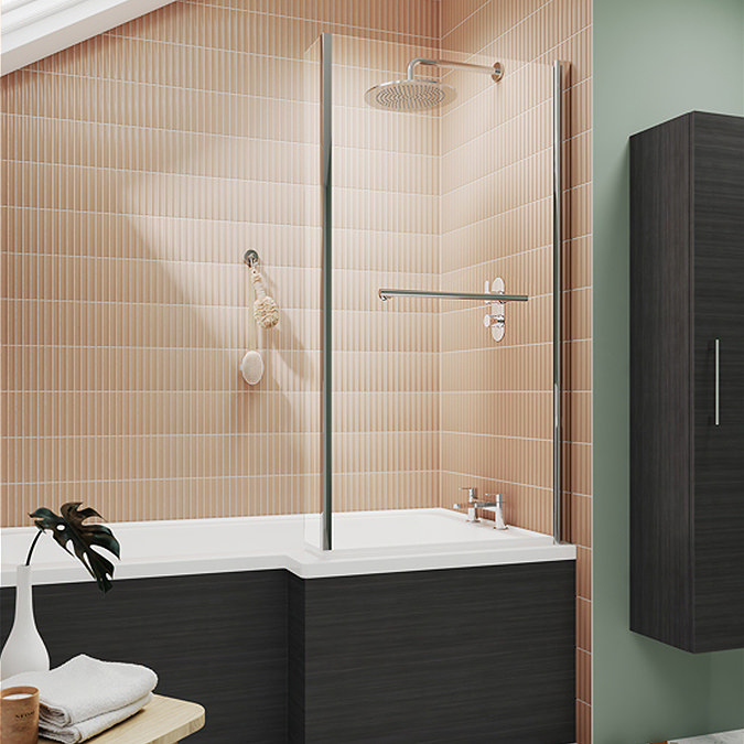 Nuie L-Shaped Hinged Bath Screen with Rail + Fixed Return