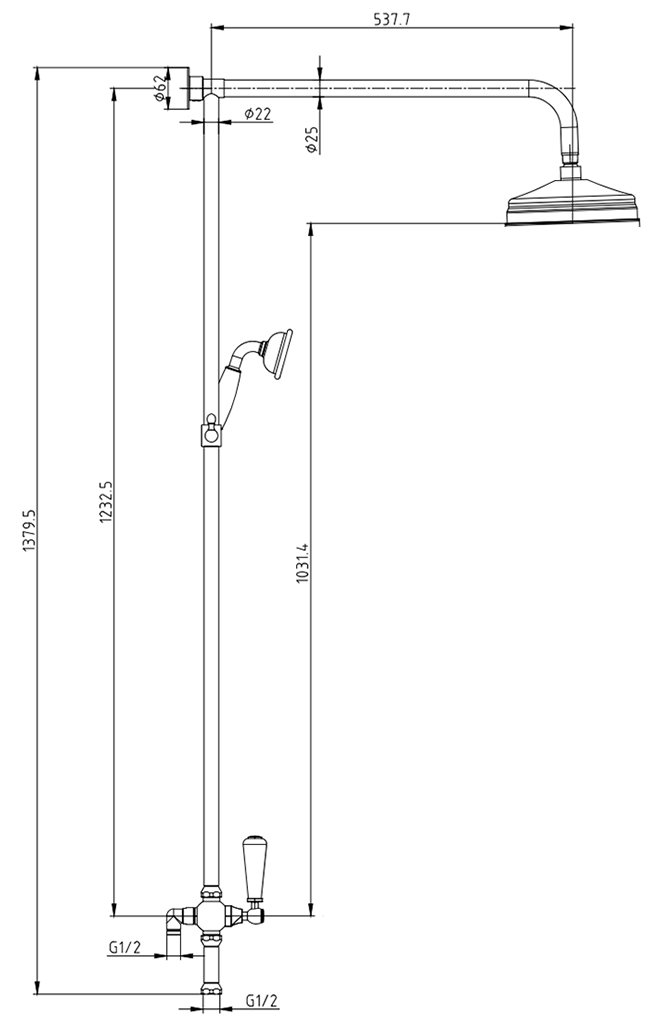 Nuie Victorian Exposed Valve incl. Riser Kit, Diverter, 12 Inch Shower Rose + Handset