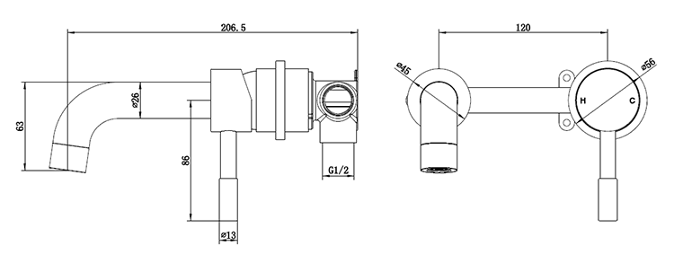 Primo Round Chrome Wall Mounted 2TH Basin Mixer Tap