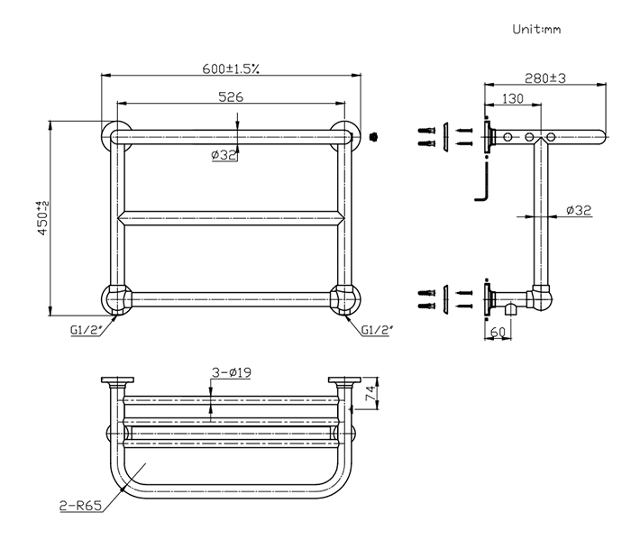 Chatsworth Traditional 450 x 600mm Chrome Heated Towel Rail Shelf