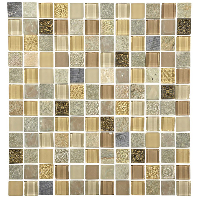 Quartz 1 Beige Stone/Glass/Metal Mix Mosaic Tile Sheet (300x300mm) Large Image