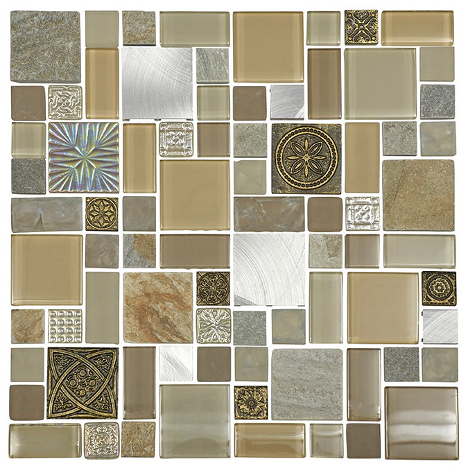 Quartz 1 Patchwork Stone/Glass/Metal Mix Mosaic Tile Sheet (300x300mm) Large Image