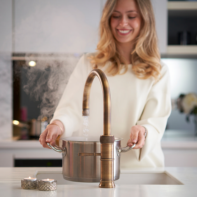 Quooker Classic Fusion Round Patinated Brass Tap with with Combi+ Boiling Water Tank