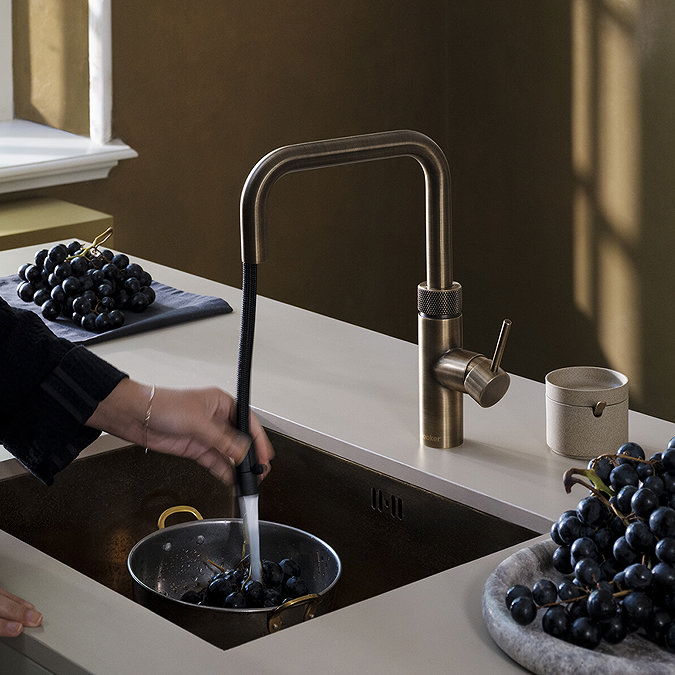Quooker Flex Square Pull Out Hose Patinated Brass Tap with PRO3 Boiling Water Tank