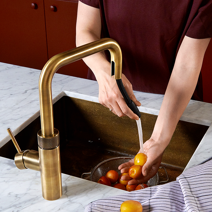 Quooker Flex Square Pull Out Hose Patinated Brass Tap with PRO3 Boiling Water Tank